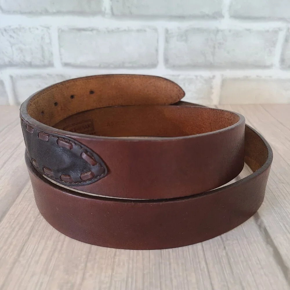 Vintage Cole Haan Brown Leather Belt Made in USA Brass Buckle Stitch Detailed
